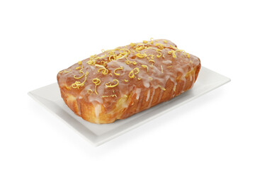 Tasty lemon cake with glaze isolated on white