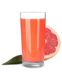 Tasty grapefruit juice in glass, fresh fruit and green leaf isolated on white