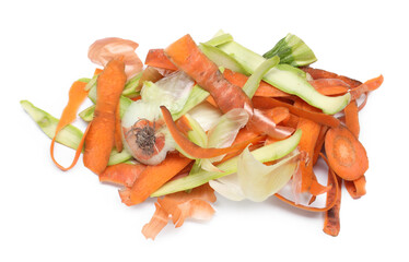 Peels of fresh vegetables isolated on white, above view