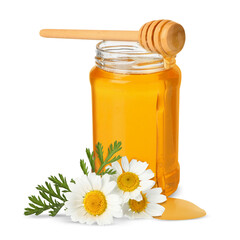 Honey in glass jar, dipper and chamomile flowers isolated on white
