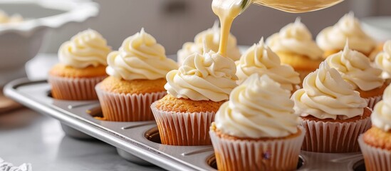 Pouring cupcake batter into cupcake pan with liners to bake vanilla cupcakes. - obrazy, fototapety, plakaty