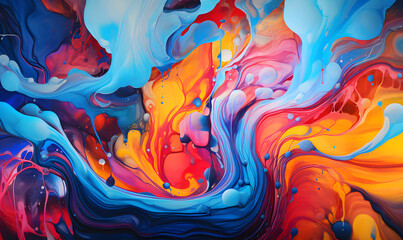 A vibrant and colorful abstract fluid painting, with swirls of blue, orange, and purple merging in a dreamlike pattern