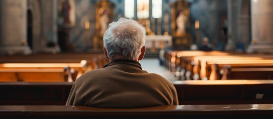 Elderly man sits in church, seeking salvation and worship at cathedral. - obrazy, fototapety, plakaty
