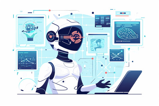 Illustration of a virtual assistant learning from user interaction, machine learning, tech illustration