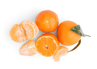 Sweet tangerines with leaves on white background