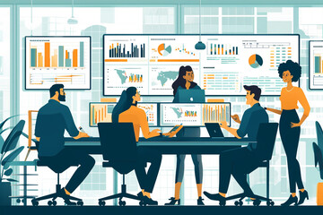 Illustration of an IT team working together in a modern office, IT, tech illustration