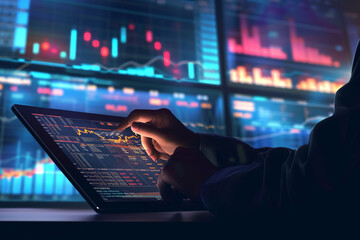 Illustration of a business person analyzing financial news on a tablet, trading, tech illustration