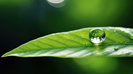 A magnified image of a single drop of water on a leaf, accompanied by a description of the practice of mindfulness meditation, which focuses on being fully present in the moment and observing