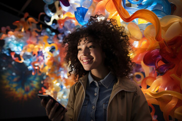 A girl takes a selfie amidst an art installation, the dynamic colors and shapes creating a visually stunning backdrop for her creative self-expression.
