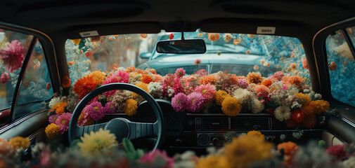 The car interior is filled with flowers - Powered by Adobe