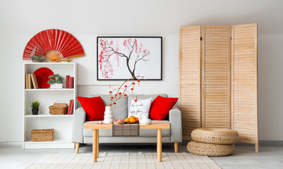 Interior of light living room decorated for Chinese New Year celebration