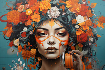 Amidst an array of street art murals, a girl takes a selfie, incorporating the vibrant colors and eclectic designs into her self-portrait.