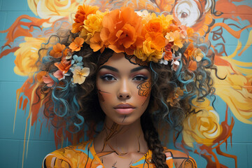 Fototapeta premium Amidst an array of street art murals, a girl takes a selfie, incorporating the vibrant colors and eclectic designs into her self-portrait.