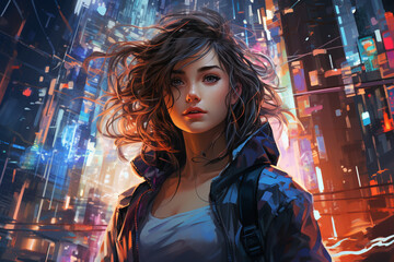 A girl takes a selfie in a futuristic cityscape, surrounded by skyscrapers and neon lights, creating a visually dynamic and modern composition.