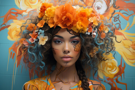 Amidst an array of street art murals, a girl takes a selfie, incorporating the vibrant colors and eclectic designs into her self-portrait.