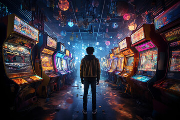 In an arcade filled with retro games, a guy takes a selfie, the colorful lights and playful surroundings creating a nostalgic and fun atmosphere.