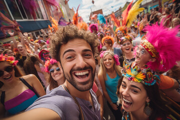 A guy captures the vibrant chaos of a street festival, taking a selfie surrounded by performers, colorful decorations, and excited attendees.