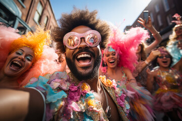 Obraz premium A guy captures the vibrant chaos of a street festival, taking a selfie surrounded by performers, colorful decorations, and excited attendees.