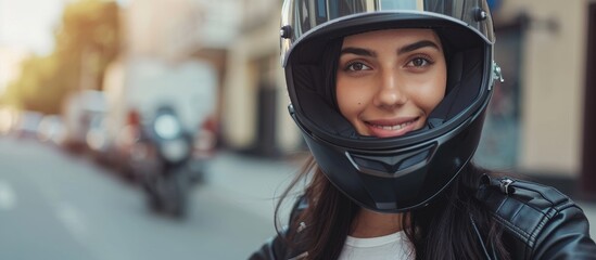 Satisfied Latin woman with motorcycle helmet in urban area. - obrazy, fototapety, plakaty