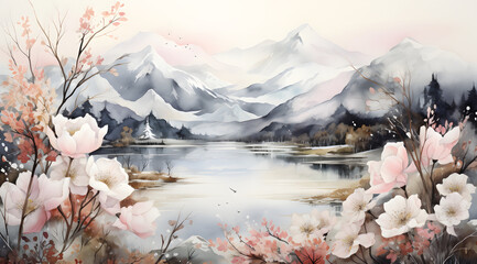 Watercolor painting of a mountain landscape with a lake in the foreground, surrounded by flowers and trees. mountains are shrouded in mist - obrazy, fototapety, plakaty