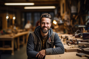 In a woodworking studio, a guy takes a selfie surrounded by handcrafted pieces, sawdust, and tools, showcasing the artisanal nature of his craft.