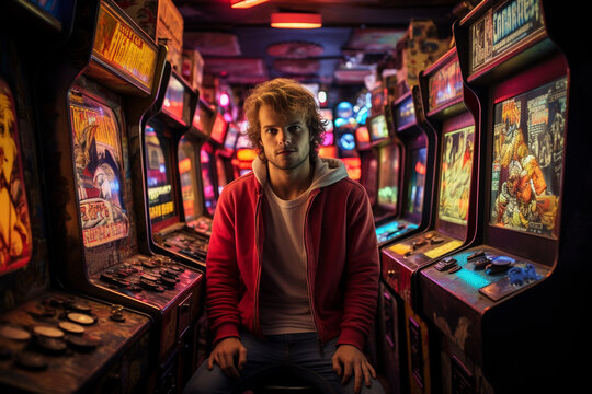 At a retro arcade, a guy takes a selfie surrounded by vintage gaming cabinets, neon lights, and pixelated nostalgia, creating a playful and fun frame.