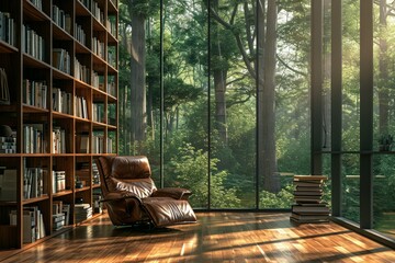 Interior design of a luxury reading room with a leather armchair, books collection, wooden bookshelves, and floor to ceiling windows, lovely woodland and sunlight in the background...