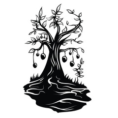 Olive tree black and white vector illustration, black silhouette tree