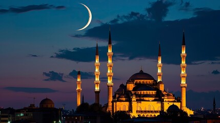 Crescent Moon Over Illuminated Mosque