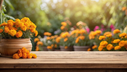 Empty wooden table for product display with marigold garden background