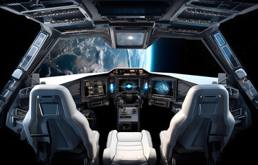 A cockpit of a spaceship with a view of the Earth and the sun. cockpit is yellow and orange - obrazy, fototapety, plakaty