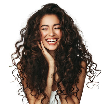 Beauty brunette laughing young woman with long shiny curly hair, Beautiful happy woman model posing wavy hairstyle, Cosmetology, cosmetics and make-up, isolated on white background, png