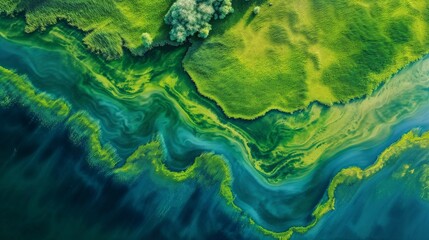 Fototapeta na wymiar Aerial View of Algae Bloom in Waterway