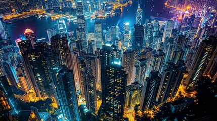 Nighttime Aerial View of Hong Kong Skyline