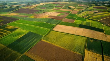 Aerial View of Patchwork Farmland at Sunset