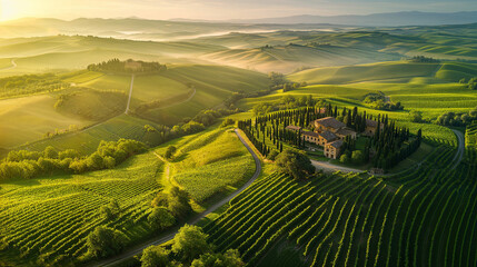 Golden Hour Over the Rolling Hills of a Tuscan Vineyard