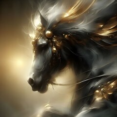  A  horse in motion adorned with gold and black.
