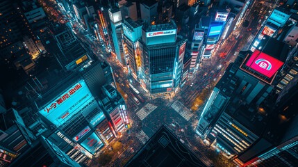 Aerial View of Bustling City Intersection at Night