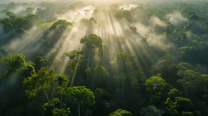 Sunrays Piercing Through Misty Tropical Rainforest