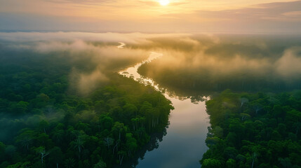 Sunrise Mist over Tropical Rainforest River