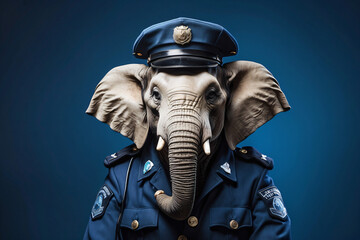 Fototapeta na wymiar elephant wearing police uniform on blue background