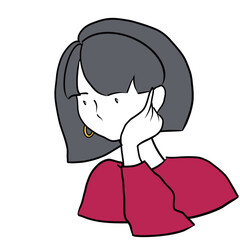 頬に手を当てて考える女性のイラスト