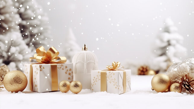 christmas composition on a white background with white and gold gift box in snowy