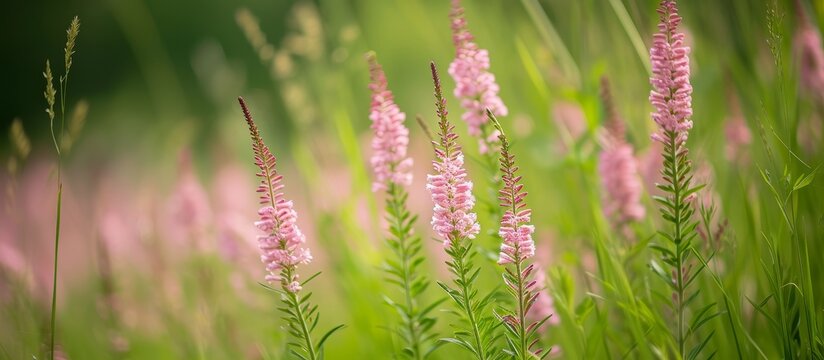 Pink flowers of Fumaria officinalis in a green field, with similar species, in soft focus.