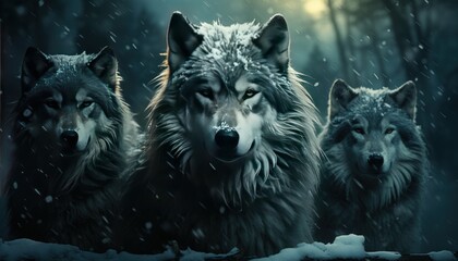Wolves in a snowy forest at night