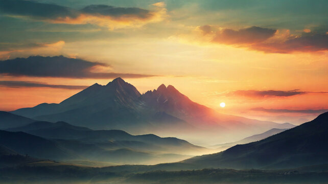 Colorful Sunrise over the Mountains with Vintage Filter Panoramic View of Majestic Dawn
