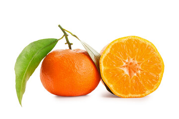 Fresh tangerines with green leaves on white background