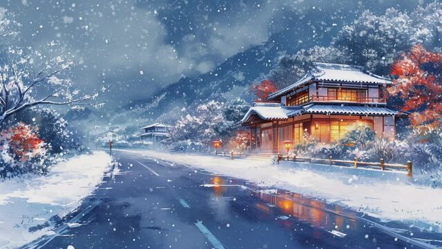 traditional house in winter.  watercolor painting  illustration style. seamless looping 4k time-lapse virtual video animation background