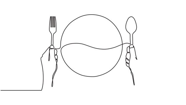 Continuous one line animation. Hand drawn animated motion graphic elements of a set of tableware. concept of plate, spoon, fork, knife. video 4k