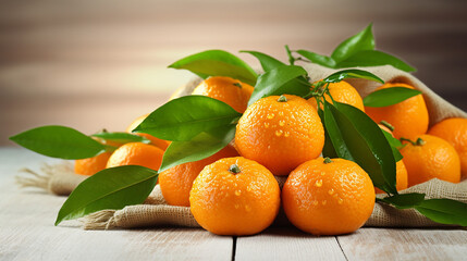 fresh juicy little tangerines with green leaves on wooden table